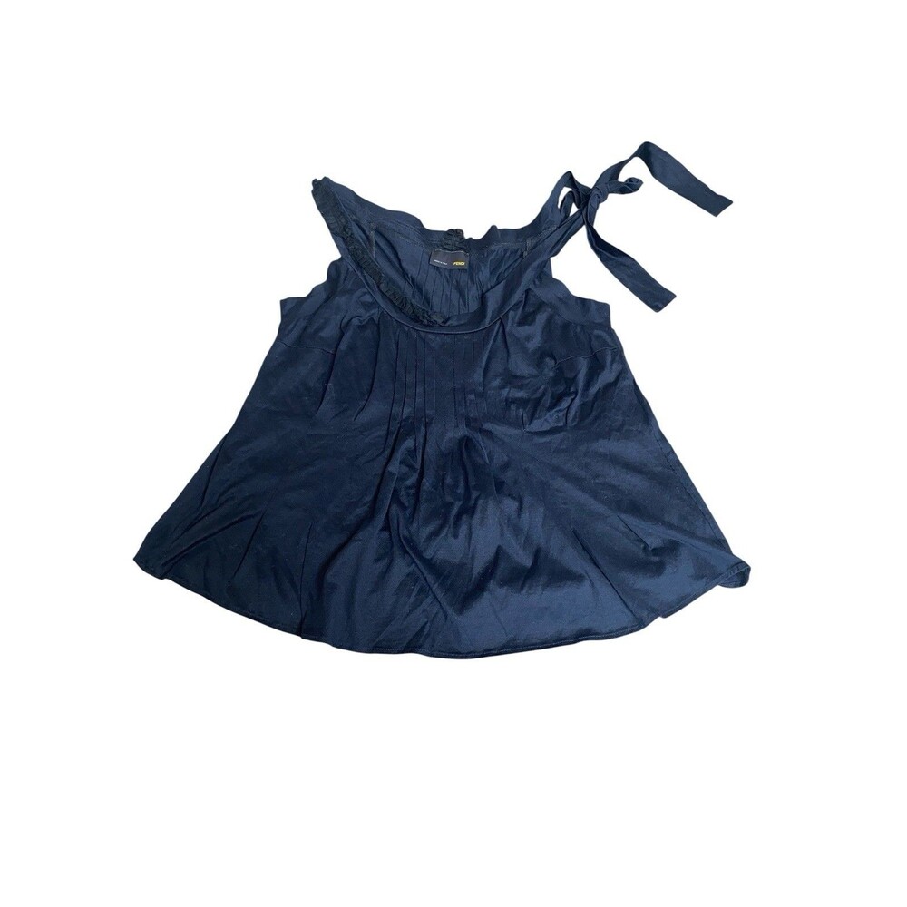 Fendi Pleated Sleeveless Tie Neck Blouse Tank Top  Dark Navy Size 38 Cotton
